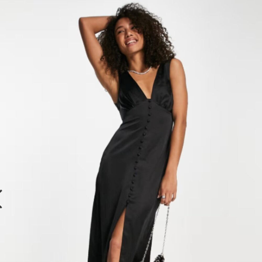 ASOS button through satin midi dress in black